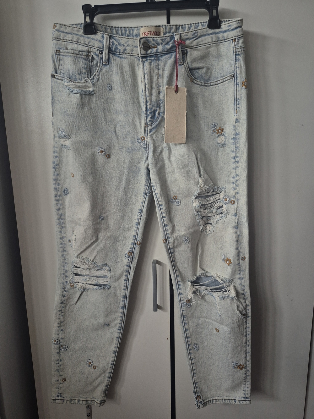 DRIFTWOOD Light Blue Distressed Boyfriend High-rise Jeans with Floral Accents